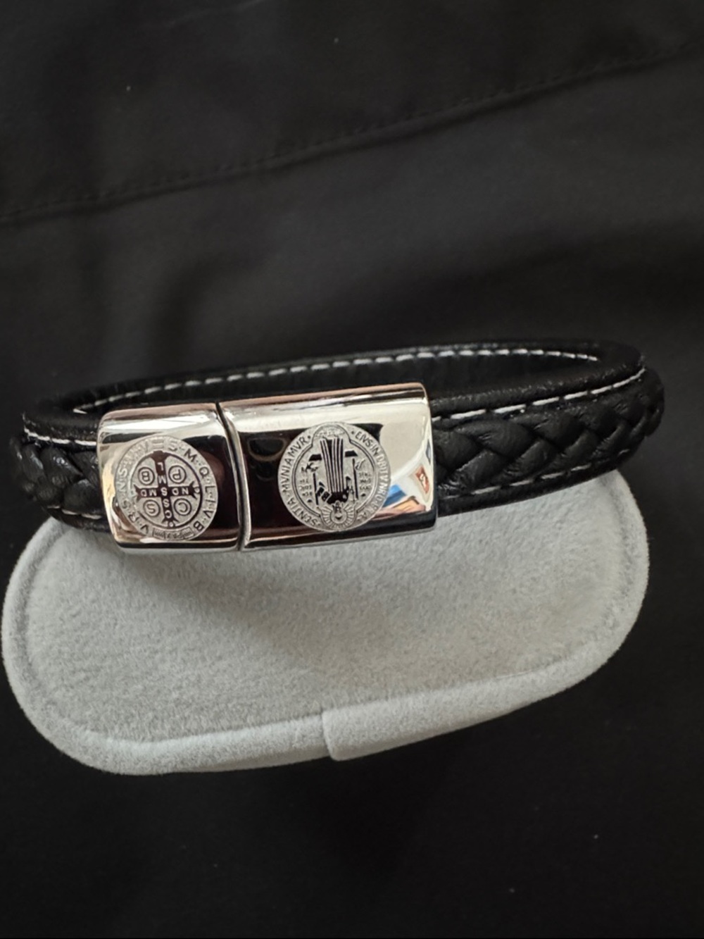 Black Braided Faux Leather Men's Bracelet with Silver  Clasp